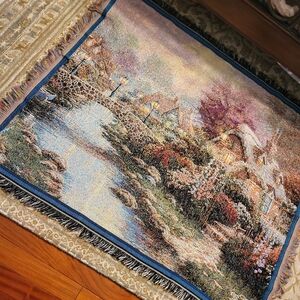 Thomas Kinkade Pastoral Bridge and Cottage Tapestry Blanket in Blue and Purple